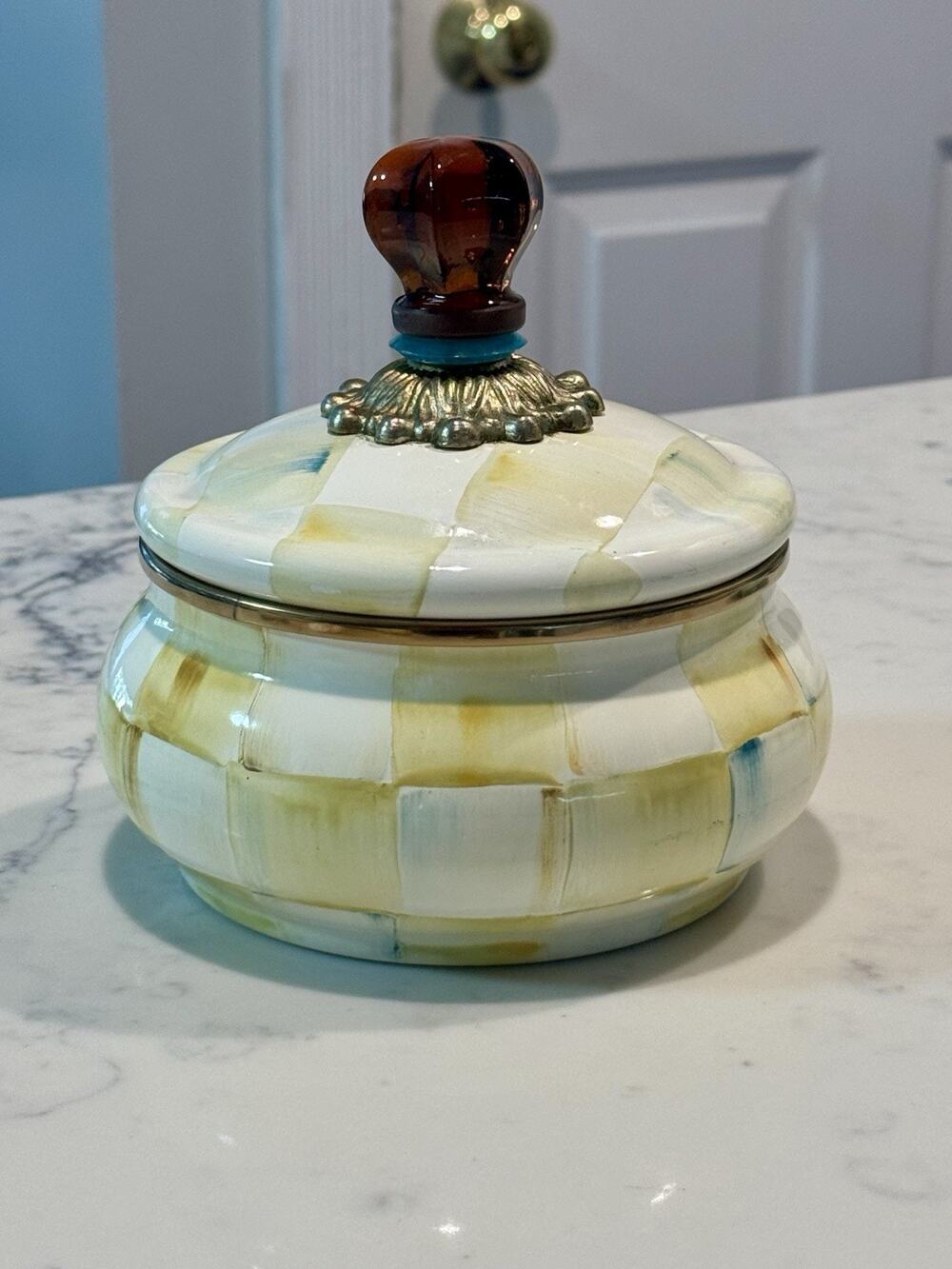 Retired Mackenzie Childs Parchment Check Enamel Squashed Pot Jar With Lid